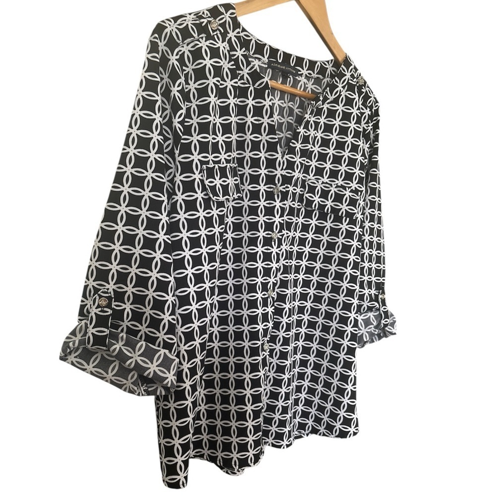 Adrienne Vittadini Black & White Geo Utility Blouse - XL - Roll Tab Sleeve - Picture 5 of 9